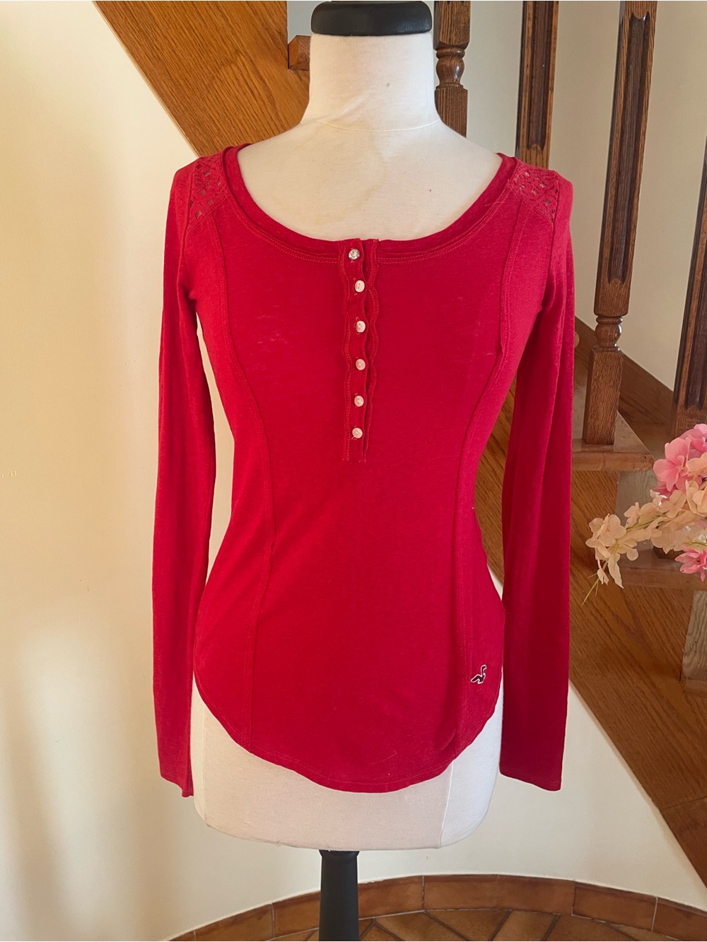 Hollister Red lace Long-Sleeve Henley